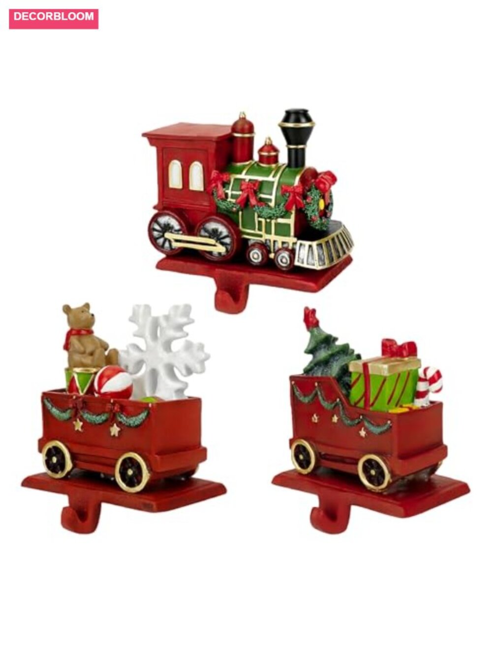 Christmas Stocking Holders Set of 3 with Hooks Cast Iron Base Train Bear Tree